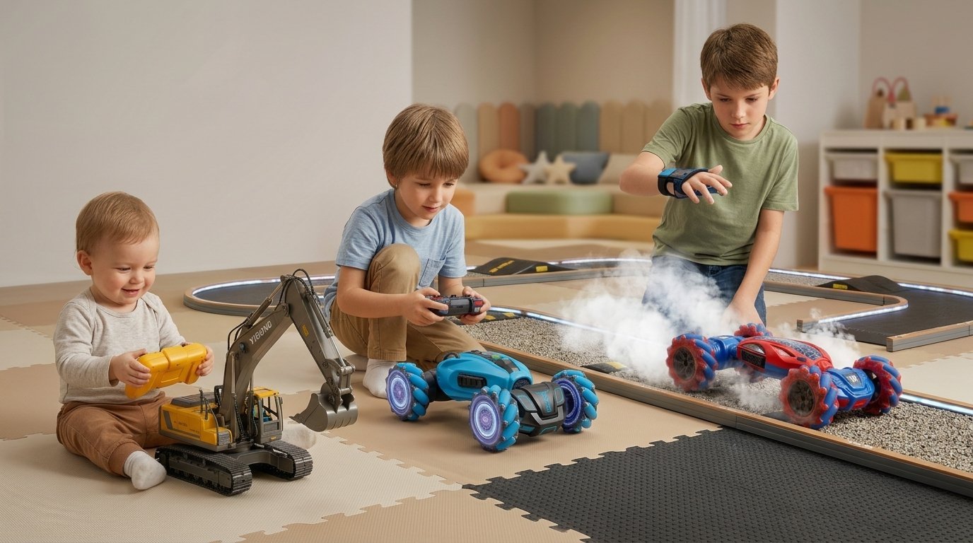 Tres niños de distintas edades jugando con la excavadora y los coches acrobáticos