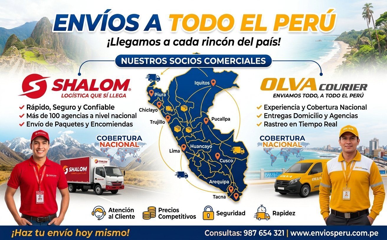 Cobertura de envíos a todo el Perú con Shalom y Olva Courier