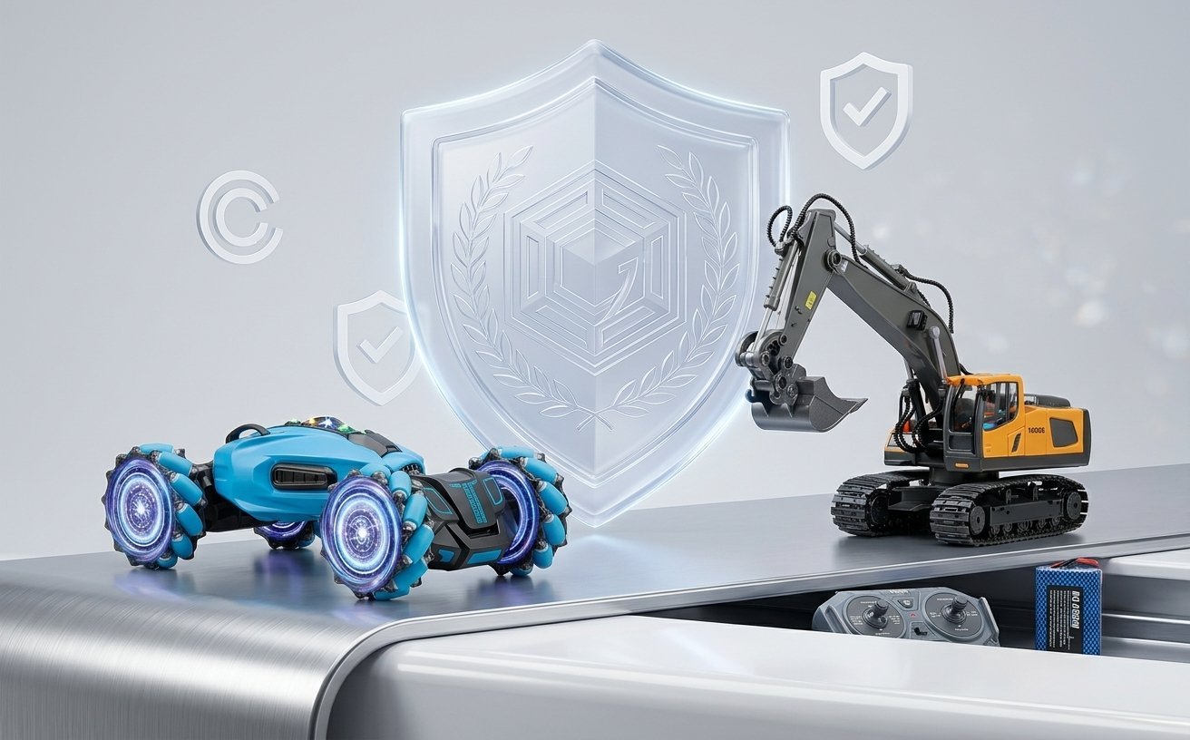 Los juguetes RC junto a un escudo de garantía