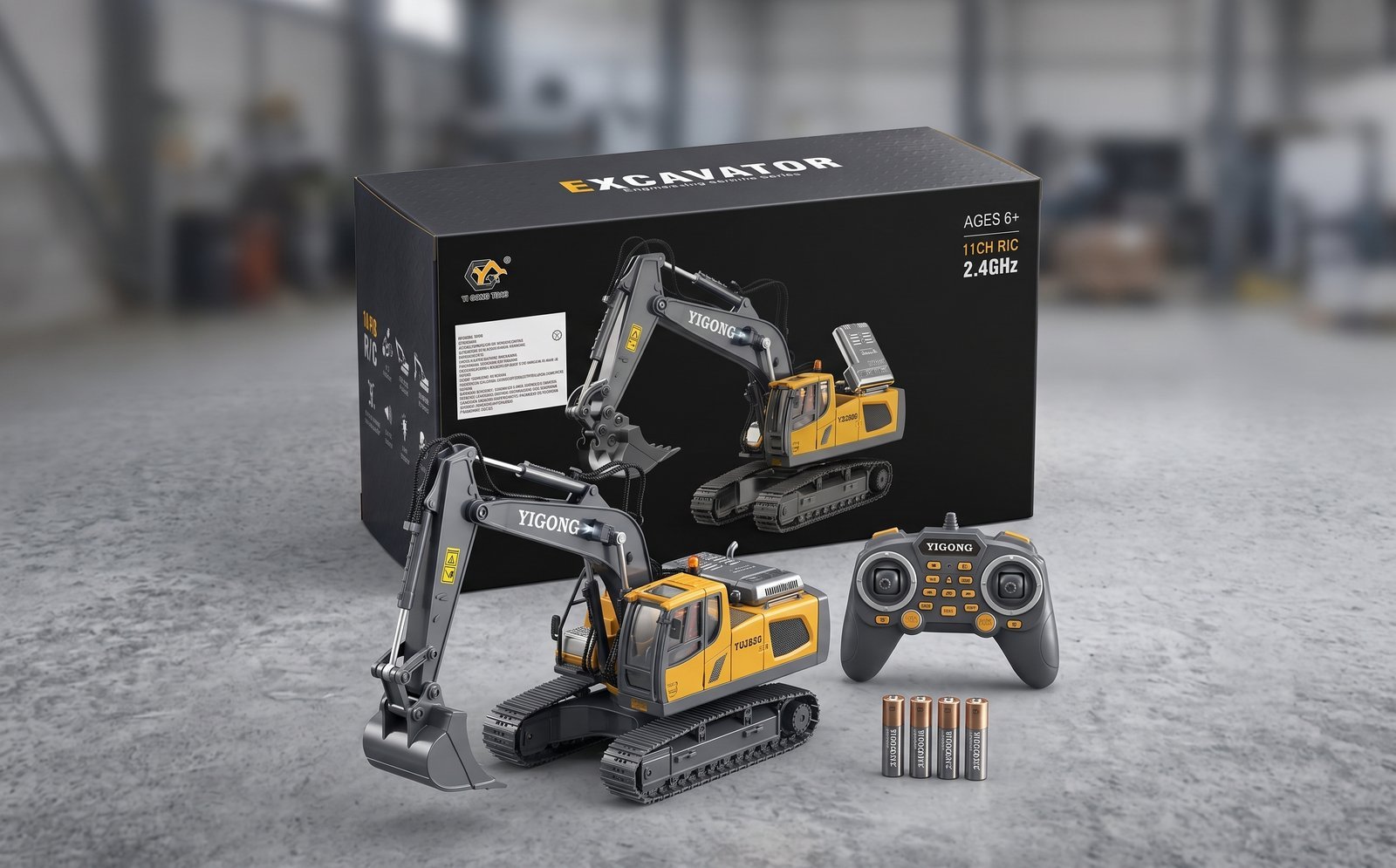 La excavadora RC con su caja, mando y baterías lista para guardar